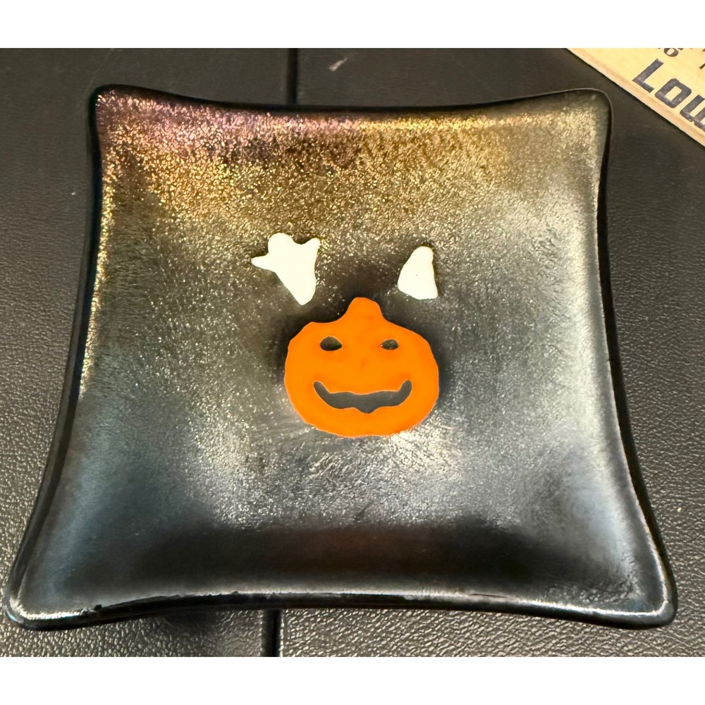Trinket Dish Black Halloween Pumpkin Ghost Fused Glass Tray Artsy